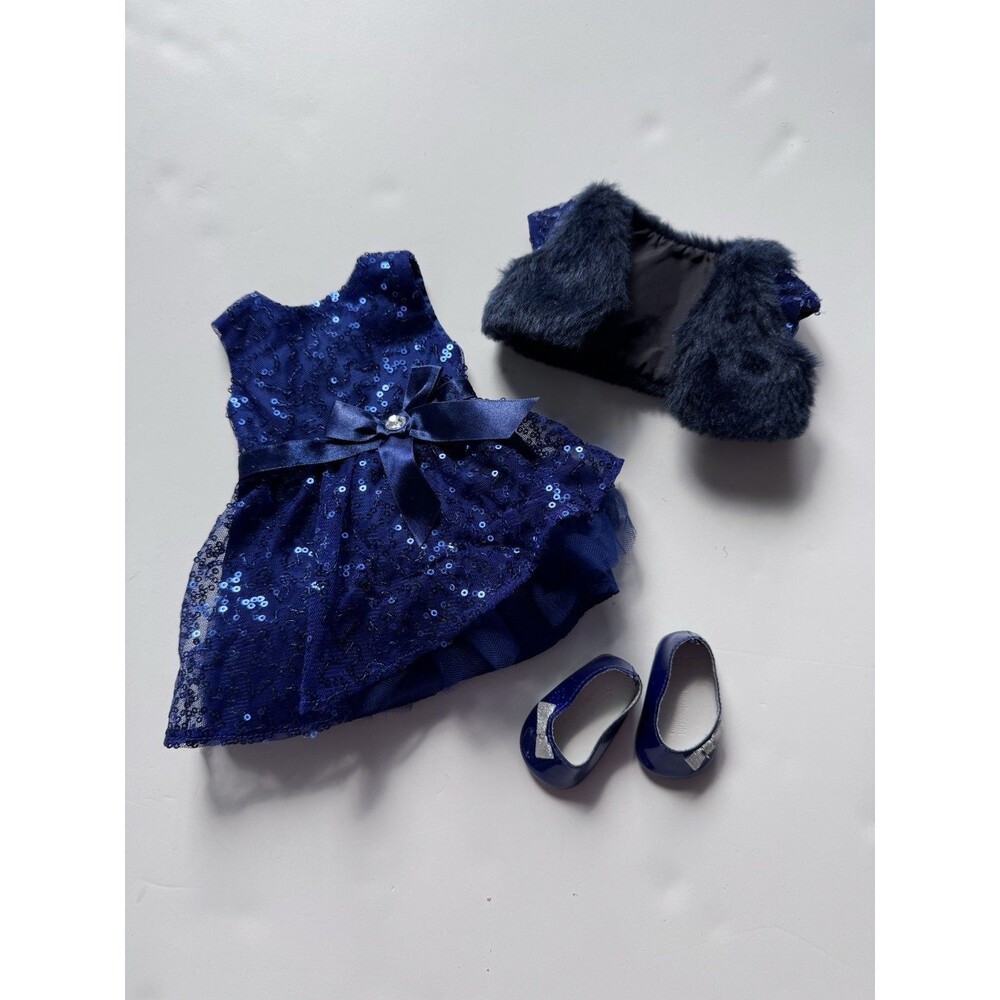 AMERICAN GIRL HAPPY HOLIDAYS DRESS OUTFIT Jacket Shoes Blue Sequins 18”